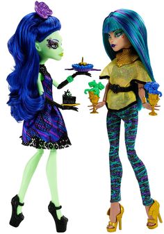 two dolls are standing next to each other with blue hair and green skin, one is holding a plate