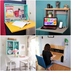 there are four pictures of different desks in the same room, each with a computer and bookshelf