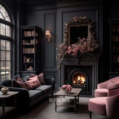 Gorgeous black and pink Gothic living room Vintage Black Living Room, Gothic Living Room Ideas Victorian, Pink Black Decor, Romantic Goth Living Room, Black And Pink Office Ideas, Dark Feminine House, Dark Romantic Living Room, Dark Feminine Living Room, Gothic Townhouse