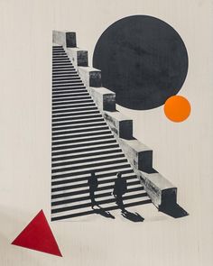 two people are standing at the top of stairs with an orange and black ball above them