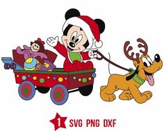 mickey mouse riding in a wagon with his dog and christmas decorations on the front wheel