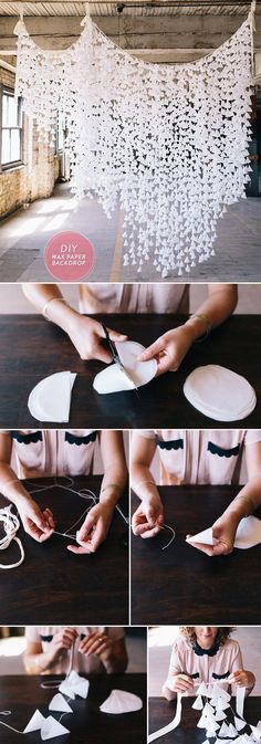 the process of making a chandelier with white paper plates and string lights hanging from it