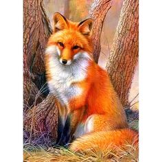 a painting of a red fox sitting in the grass next to some trees and looking at the camera