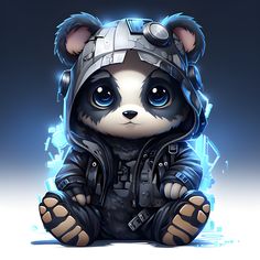 a cartoon panda bear wearing a jacket and helmet sitting on the ground with his legs crossed