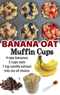 banana oat muffin cups recipe in a muffin tin with chocolate chips and strawberries