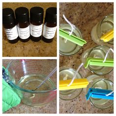 four different shots of liquid and toothbrushes in glass bowls