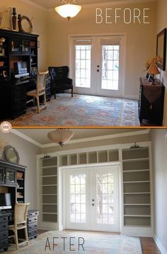 before and after photos of a living room with built in bookcases