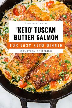 keto tuscann butter salmon in a cast iron skillet