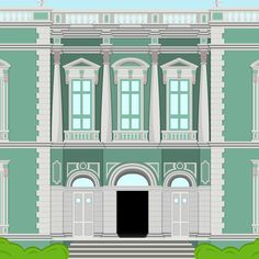 an illustration of a large green building with white columns and arches on the front door