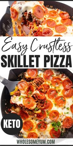 easy crustless skillet pizza with cheese and pepperoni