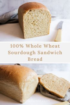 a loaf of bread sitting on top of a cutting board with the words 100 % whole wheat sourdough sandwich bread