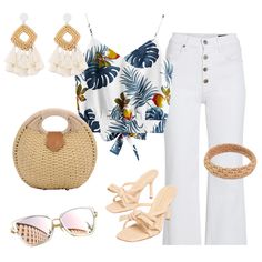 a woman wearing white pants and sandals with palm leaves on her shirt, sunglasses, handbag, bracelets and purse