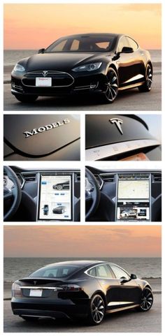 the tesla model s is shown in four different pictures, including an electronic display and steering wheel