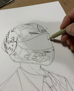 a drawing of a person wearing a helmet and holding a pencil in their hand,