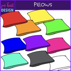 six different colored pillows with the words pillow design below them in black, white, yellow, pink, and blue