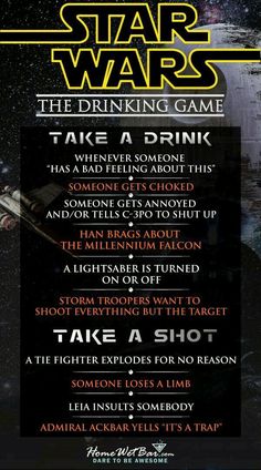 the star wars drinking game is shown in black and white, with text that reads take a drink