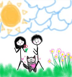 a drawing of two people and a cat on the grass with flowers in their hands