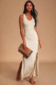 The Lulus Relaxed but Not Least Beige Ribbed Sleeveless Maxi Dress is at the top of our list of laid-back faves! Stretchy ribbed knit has a subtle two-tone effect as it shapes the scoop neckline, racerback, and sleeveless bodice of this pull-on dress. Flattering, figure-skimming silhouette carries into the dual slit maxi skirt. Add sneakers or sandals, either way this toss-on dress is super cute! Fit: This garment fits true to size. Length: Ankle length. Size medium measures 55" from shoulder to Winery Outfit, Arizona Trip, Vacation Fits, Dubai Outfits, Ribbed Bodycon Midi Dress, Summer Fling, Errands Outfit, Spring Maxi Dress, 2024 Outfits