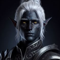 a close up of a person with white hair and yellow eyes