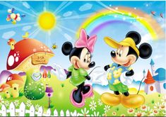 two mickey and minnie mouses are dancing in front of a colorful sky with a rainbow