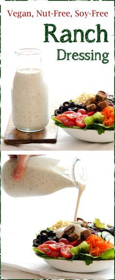 ranch dressing being poured onto a plate with salad on it and in the background there is a hand pouring ranch dressing into a bowl