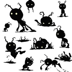 various silhouettes of bugs with eyes and legs, including one on the ground while another is