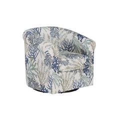 an upholstered chair with blue and white floral print on the back, in front of