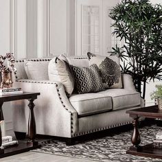 a living room filled with furniture and a potted plant on top of a table