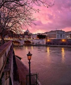 a street light sitting on the side of a river next to a bridge and buildings