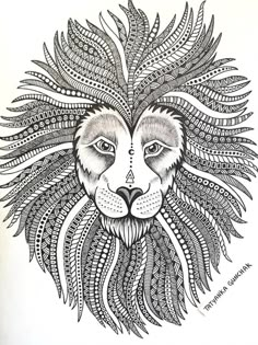 a black and white drawing of a lion's head with feathers on it,