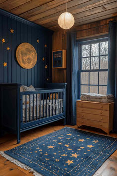 40 Creative Gender Neutral Nursery Ideas for a Personalized Space Night Sky Nursery Boy, Classic Rock Nursery, Wish Upon A Star Nursery, Home Decor Ideas Nursery, Deep Blue Nursery, Night Court Nursery, Night Theme Nursery, Bright Blue Nursery, Ravenclaw Nursery