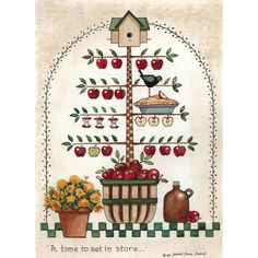 a card with an apple tree and potted plants in front of the words it's time to set up store