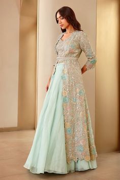 Buy Blue Tissue Hand Embroidered Aari Jacket Open Floral Lehenga Set For Women by Osaa by Adarsh Online at Aza Fashions. Chevron Embroidery, Open Skirt, Flared Lehenga, Floral Lehenga, Types Of Work, Embroidered Jacket, Cut Work