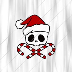 a skull wearing a santa hat and holding a candy cane