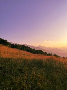 the sun is setting on a grassy hill with mountains in the distance and grass growing all around