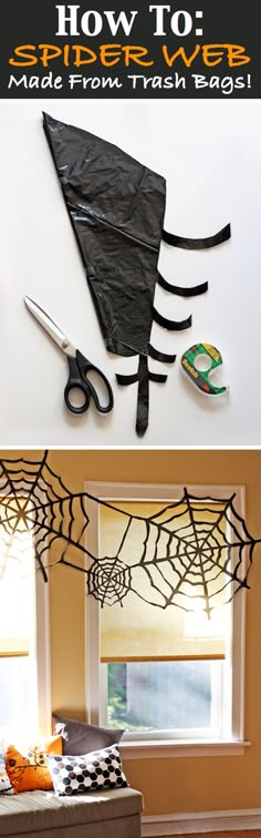 two pictures with scissors and spider webs on them