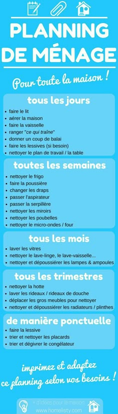 a blue and white poster with the words planning de menage in french on it