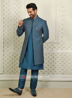 Teal Sherwani, Indo Western Dress For Men, Indo Western Outfits, Indo Western For Men, Sherwani For Men Wedding, Design Club, Teal Blue Color