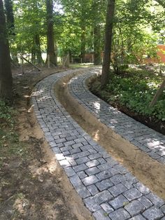 a brick path in the middle of a forest