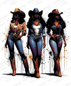 three women in cowboy hats and jeans standing next to each other with orange paint splatters on them