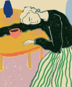 a drawing of a person laying on a table with a cup