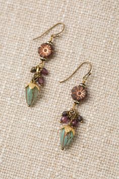 The Czech Glass Collection offers a varied selection of handcrafted earrings, including this unique dangle design. Antique Brass (Lead & Nickel Free) Czech Glass 2.25" with antique brass ear wires We hand select our natural materials, thus there may be slight variations in color and/or size that will not detract from the overall aesthetic. Our unique handcrafted designer jewelry for women is made in America, each design created individually in our personal design studio in Floyd, VA USA Czech Beads Jewelry, Antique Style Jewelry, Czech Glass Jewelry, Boho Chic Earrings, Denim Crafts, Earrings Inspiration, Beaded Drop Earrings, Hair Stuff, Drop Dangle Earrings