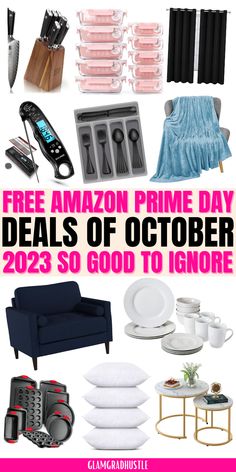 an advertisement for the amazon prime day sale is shown in pink and white with black accents