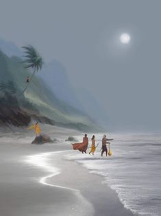 three people walking on the beach with surfboards and paddles in their hands, under a full moon