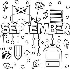 a black and white image with the words september in it's center surrounded by school supplies