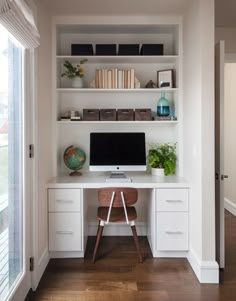 a white desk with a computer on top of it