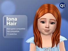 a girl with red hair and blue dress is shown in front of a sign that says, iona hair base game compatible