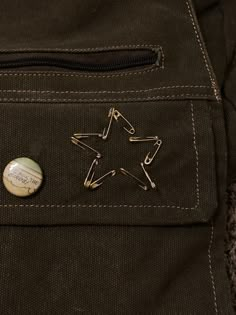 there is a star pin on the pocket of a brown pants with a white button