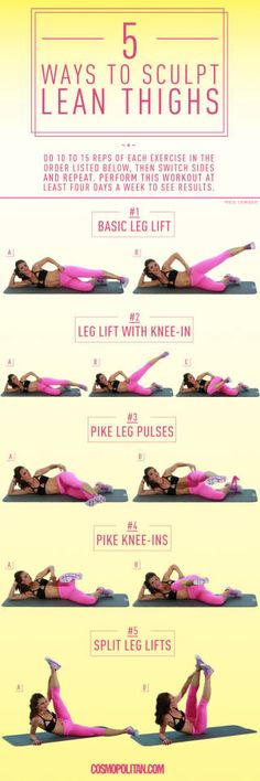 the 5 ways to sculpt lean thighs poster is shown in pink and yellow