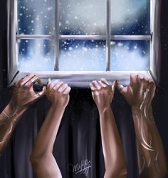 two hands reaching up to open a window in front of snow falling on the ground